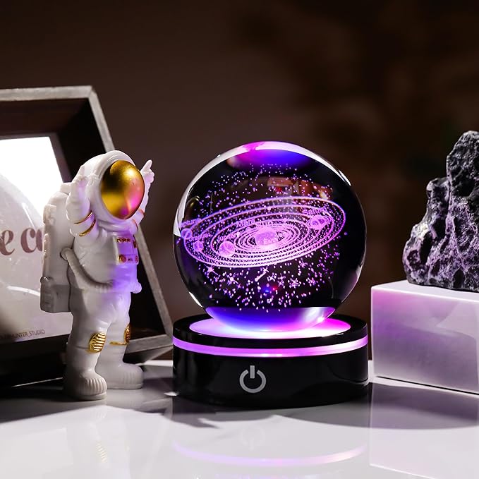 3D Solar System Model Crystal Ball Led Lamp Base - Space Decor World Globe Planets Sphere Night Light 80mm 3.15 Inch - Solar System Decor Birthday Astronomy Gifts for Men Physics Science Teacher