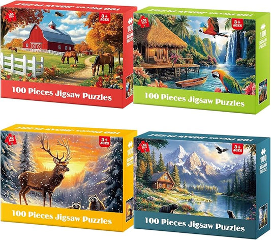 4 Packs Puzzles for Kids Ages 4-6 6-8 8-10, Farm Rainforest Wild Animals Kids Puzzles, 100 Pieces Jigsaw Puzzle for Seniors Adults Kids Learning Puzzle Toys Gifts for Girls Boys 15x11 inch