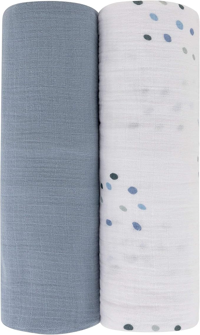 Ely's & Co. Cotton Muslin Swaddle Blanket 2-Pack for Baby Boy — 100% Cotton Muslin Extra-Large Swaddle Blankets (47” x 47”) Blue Raindrops | Solid Blue