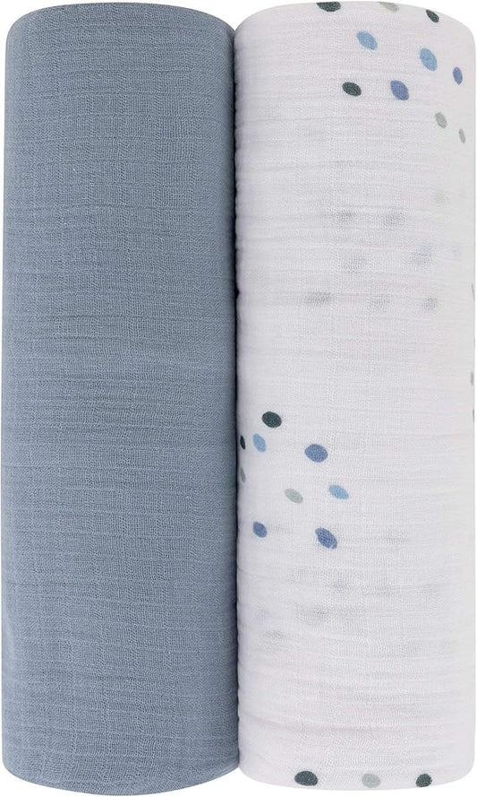 Ely's & Co. Cotton Muslin Swaddle Blanket 2-Pack for Baby Boy — 100% Cotton Muslin Extra-Large Swaddle Blankets (47” x 47”) Blue Raindrops | Solid Blue