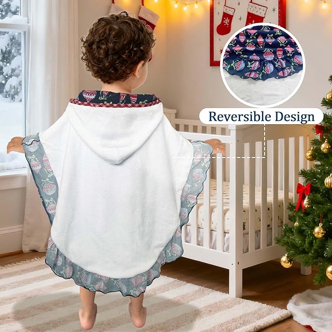 VOOVA & MOVAS Hooded Towel Poncho for Toddler with Ruffle Trim | Soft 100% Cotton | Absorbent Thick Towel for Bath, Swim, Beach & Winter | Cozy, Christmas Lamp