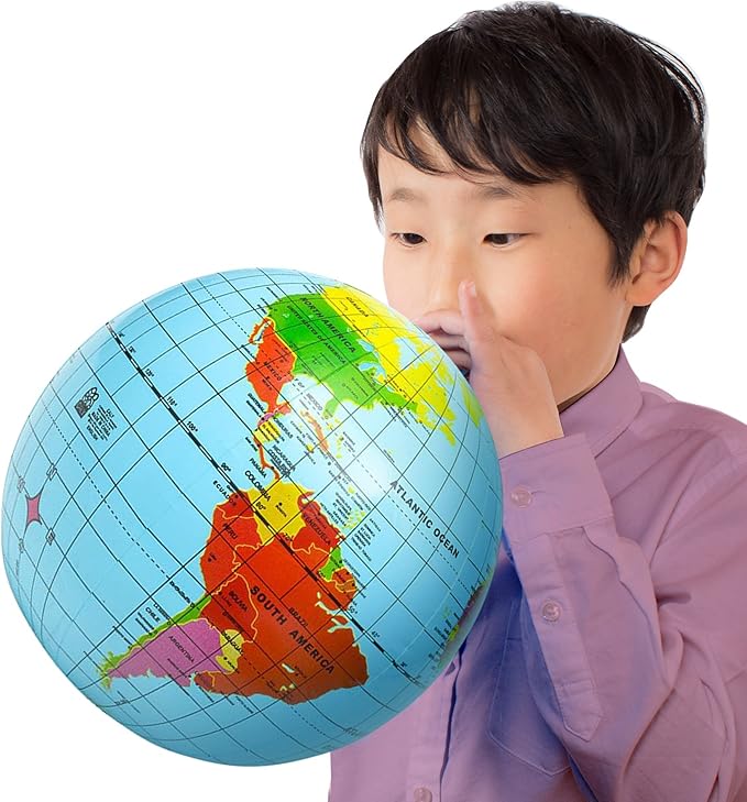 ArtCreativity Inflatable World Globe Ball Set Set of 6 Print Blue and Clear - Colorful Earth Map, 16 Inch Inflatable Beachball for Pool, Summer Fun Toys for Kids, Learning and More