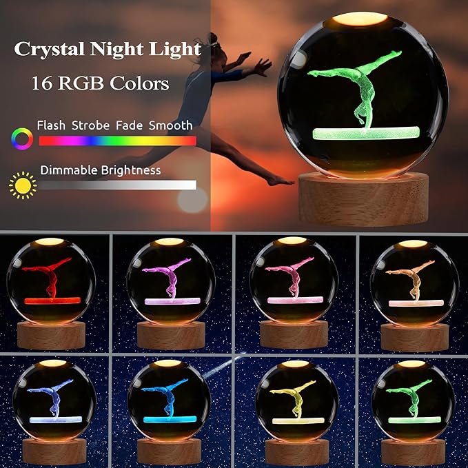 Gymnastics Night Light, Gymnastics Gifts for Girl, Gymnastics 3D (3.15 in) Crystal Ball Night Light with Remote Upgraded Lamps with 16 Color for Birthday Xmas Cool Room Decor for Boys Girls