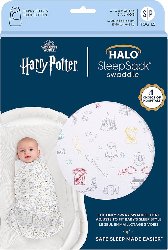 HALO Harry Potter 100% Cotton Sleepsack Swaddle, 3-Way Adjustable Wearable Blanket, TOG 1.5, Harry Potter Enchanted, Newborn, 0-3 Months