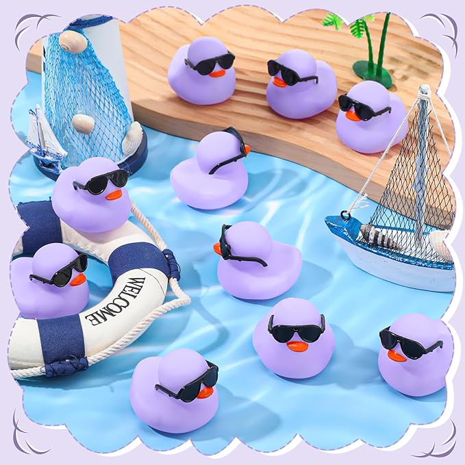 Sosation 36 Packs Mini Rubber Ducks with Sunglasses Sets 2.2 Inch Bath Squeaky Rubber Duckies Cute Float Bathtub Toys for Christmas Birthday Party Favors Class Prizes Car Decor(Light Purple)