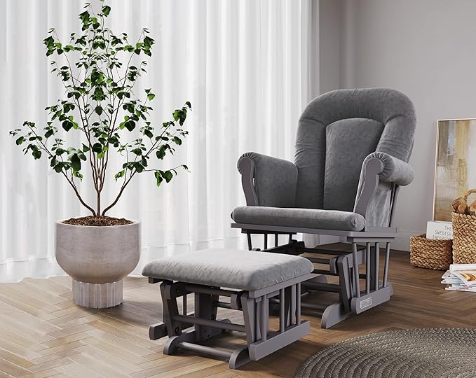 Child Craft Cozy Glider Rocker and Ottoman Set, Padded Cushion with Convenient Storage Pockets, Solid Wood Base & Frame (Cool Gray with Dark Gray Cushion)