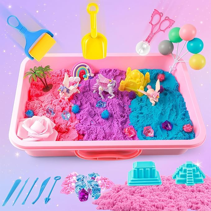 MYDOVA Unicorn Sensory Bin for Girls, Magic Sand Sensory Bin Art Kit for Boys and Girl with Sandbox, Castle Molds, 2.18lb 3 Color Sand, Unicorn Toy Kits Christmas Birthday Gift for Toddler Ages 3+
