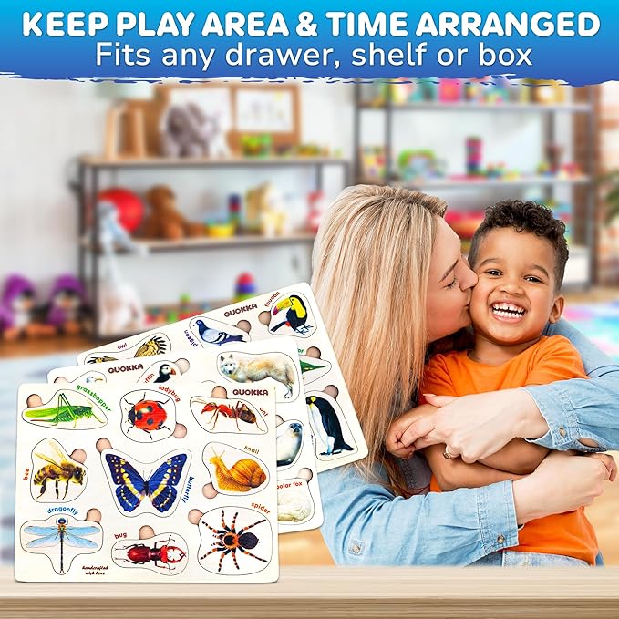 QUOKKA Wooden Puzzles for Toddlers 1-3 – 3xSET Kids Puzzles Ages 2-4 – Montessori Toy Puzzle for Toddlers 3-5 – Wood Toy Learning Realistic Insects - Arctic Animals - Birds for Boy and Girl