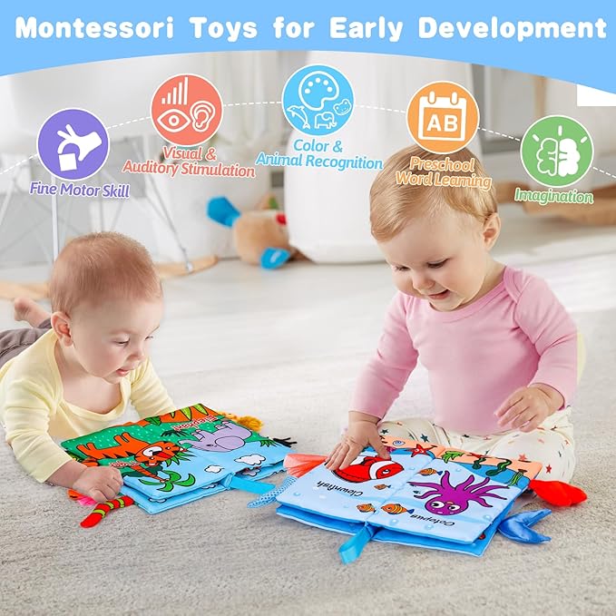 2PCS Baby Books 0-6 Months Infant Toys 0-3 3-6 6-12 Months Baby Tummy Time Sensory Toys 3 4 5 6 Month Newborn Must Haves Crinkle Touch Feel Busy Soft Books for Babies Boys Girls Christmas Shower Gifts