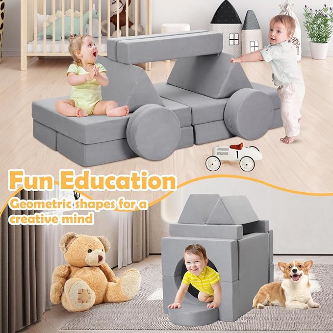 16Pcs Soft Play Blocks for Toddlers & Kids, Foam Climbing & Crawling Toys for Boys & Girls Aged 3+, Corner Climber Nugget Play Couch, Grey