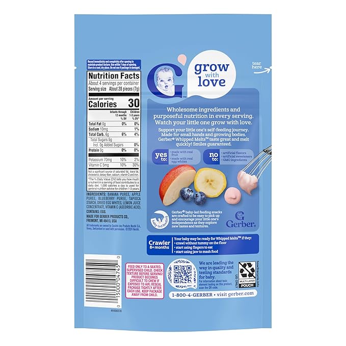 Gerber Stage 3 Baby Food Snacks, Banana Apple Blueberry Whipped Melts, Baby Led Feeding, 7PK