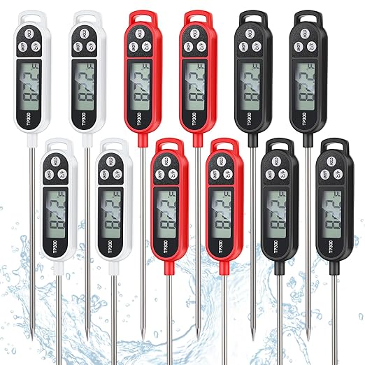 12 Pcs Instant Read Meat Thermometer with Long Probe 9.65 Inch Kitchen Cooking Food Candy Waterproof Digital Thermometer for BBQ Water Milk Yogurt Liquid Cooking (Black,White,Red)