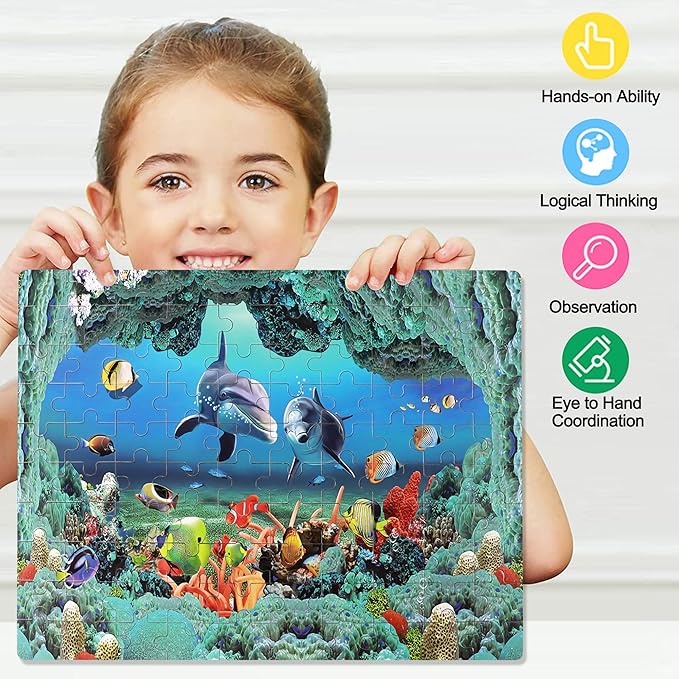 LELEMON Underwater World Puzzles for Kids Ages 4-8,100 Piece Ocean Dolphins Fishes Jigsaw Puzzle for Children,Learning Educational Toys for Boys and Girls