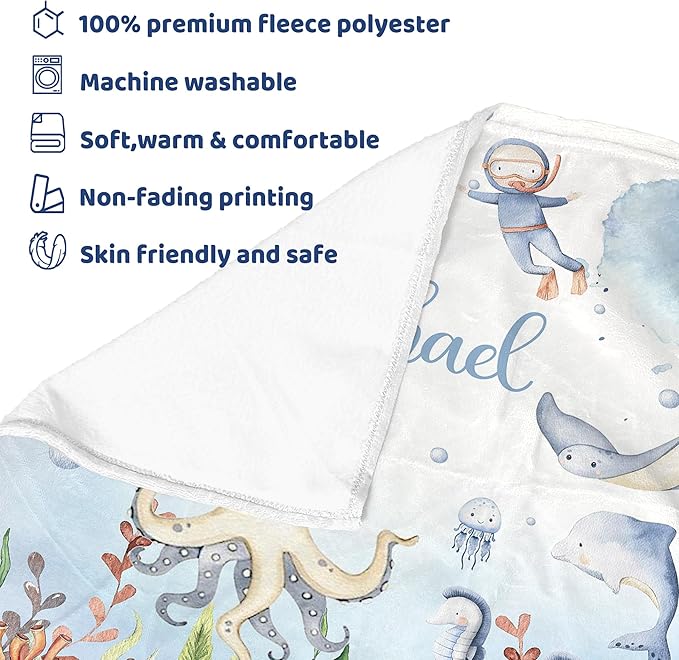 J&SBGFT Personalized Baby Blanket for Boys with Custom Name, Receiving Blanket for Toddlers and Kids' Nursery, Stroller, Crib, Decor and Throw, Undersea