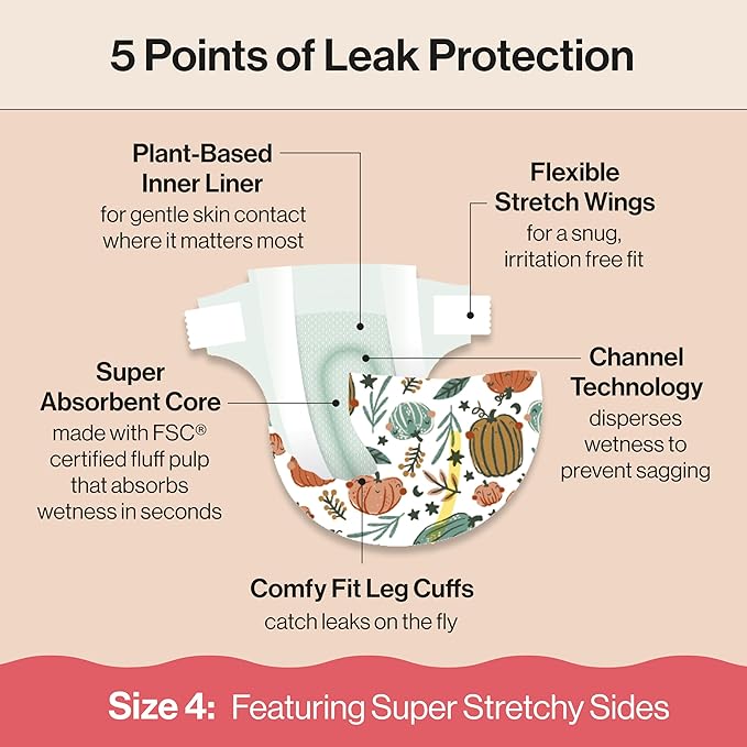 The Honest Company Clean Conscious Diapers for Delicate Skin | Up to 100% Leakproof | Hypoallergenic, Fragrance Free | Fall '25 Limited Edition Prints | Club Box, Size 4 (22-37 lbs), 54 Count