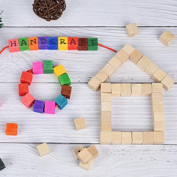 Supkiir Wood Craft Cubes - 100 Pack 1/2" Cubes with Holes, Unfinished Solid Beads Blocks for DIY Projects