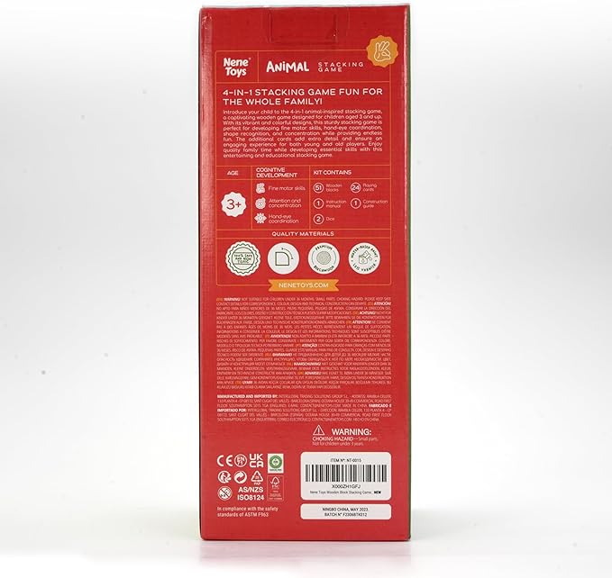 Nene Toys Wooden Tumble Tower Game with Animals & Colors, 4-in-1 Educational Family Board Game for Kids Ages 3-9, Creativity & Cognitive Skills Booster - Gift for Boys Girls 3+ Years