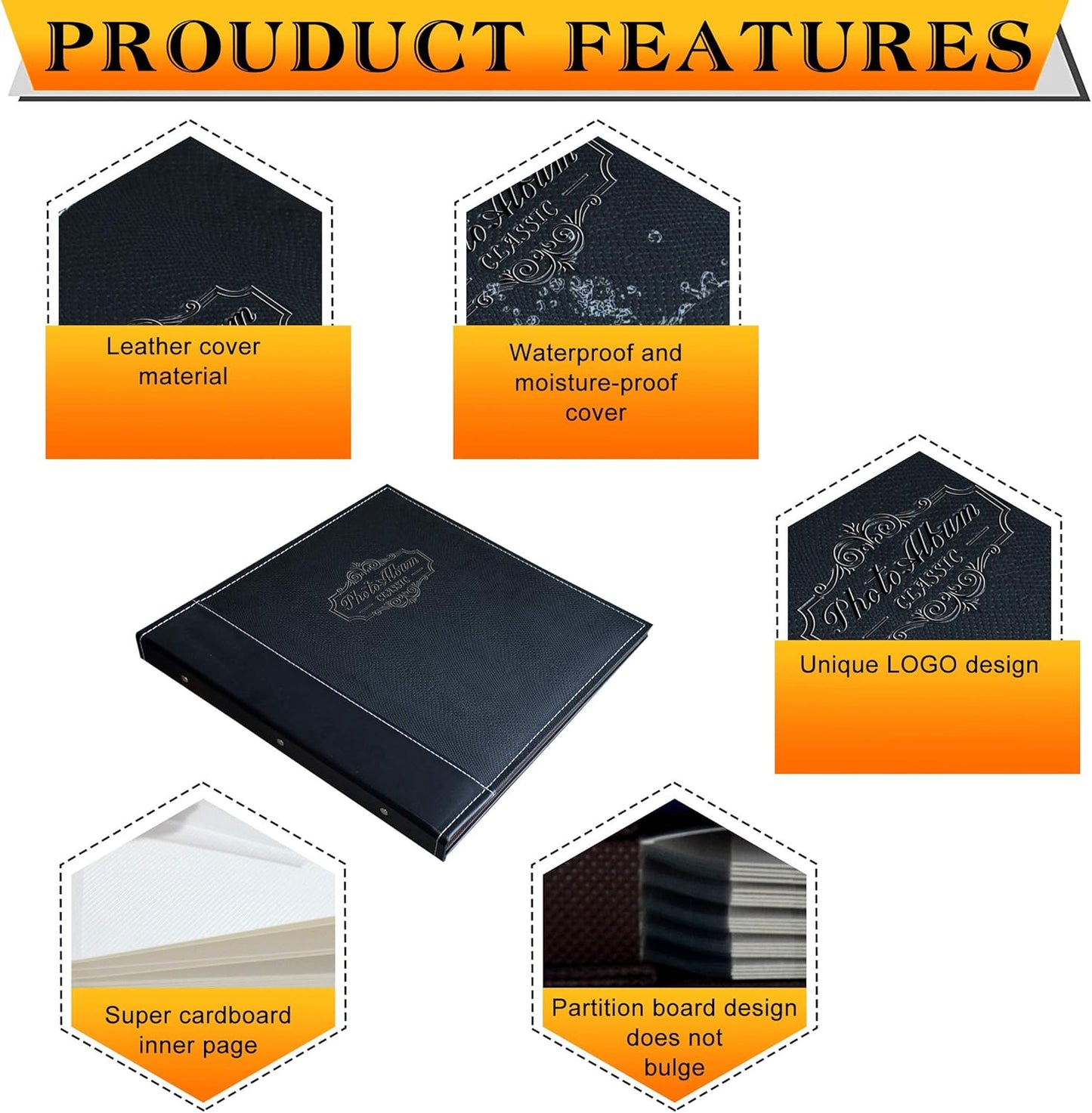 Photo Album Can Hold 3X5, 4X6, 5X7, 6X8, 8X10 Photos, Leather Cover, Magnetic Self-Stick Page, Hand Made DIY Albums (Black, Large)