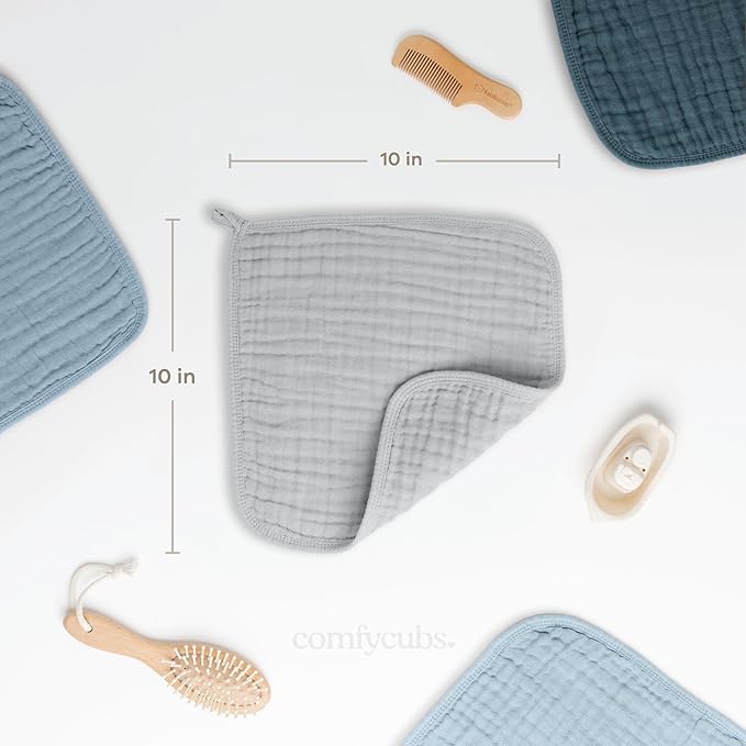 Comfy Cubs Muslin Baby Washcloths 10 Pack - Soft 6-Layer Cotton Wash Cloths for Sensitive Skin - 10"x10" Large, Gentle, Absorbent Infant Essentials for Newborn and Toddlers - Heather Blue