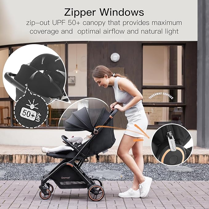 Gravity Folding Baby Stroller - Portable Travel Toddler Stroller w/Adjustable Backrest & Canopy, Cup Holder, Lightweight and UV Protected, One-Hand Automatic Folding - Black