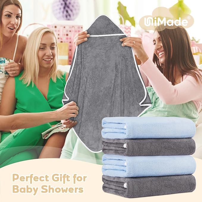 Hooded Towel for Newborn, 4 Pack Soft Coral Fleece Baby Towels, Ultra Absorbent Bath Cloths Bulk for Infants, Toddlers, Newborn Essential- 30 x 30 inch - Grey & Blue