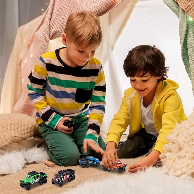 KIDAMI Diecast Toy Trucks 4 Pack Die Cast Metal Toy Cars Pull Back Cars Openable Doors Off-Road Vehicles Birthday Gift for Boys and Toddlers (Colorful)