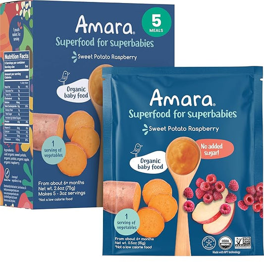 Amara Organic Baby Food - Stage 2 - Sweet Potato Raspberry - Baby Cereal to Mix W/Breastmilk, Water or Baby Formula - Shelf Stable Baby Food W/Organic Fruit and Veggies - 5 Pouches 3.5oz Per Serving