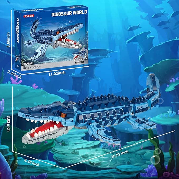 805 Pcs Mosasaur Dinosaurs Building Set,Sea Creatures Creativit Model Building Kit,STEM Dinosaur World Park Building Toy,DIY Functional Sea Scene Display,Christmas Birthday Gifts for Boys,Teens,Adults