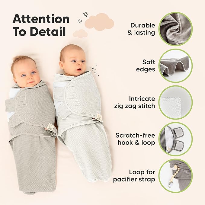 3-Pack Organic Swaddles for Newborns, Baby Sleep Sacks 0-3 Months - Baby Swaddle Wrap, Newborn Wearable Blanket, Infant Sleep Sack for Girls, Boys, Soft & Snug, Large Hook & Loop Closure (Granite)