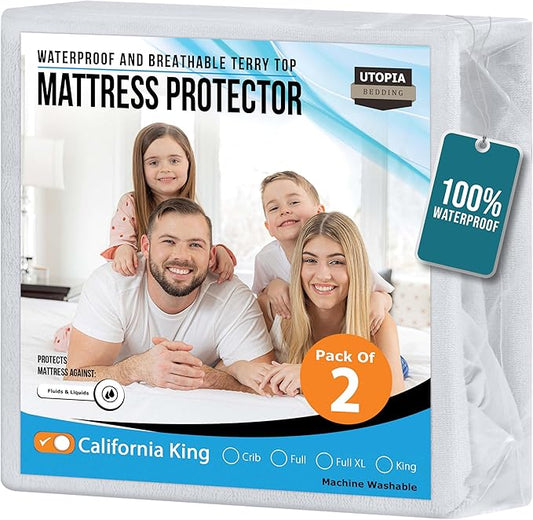 Utopia Bedding Waterproof Mattress Protector California King Size 2 Pack, 200 GSM Breathable Terry Mattress Cover, Fitted Style with Stretchable Pockets (White)