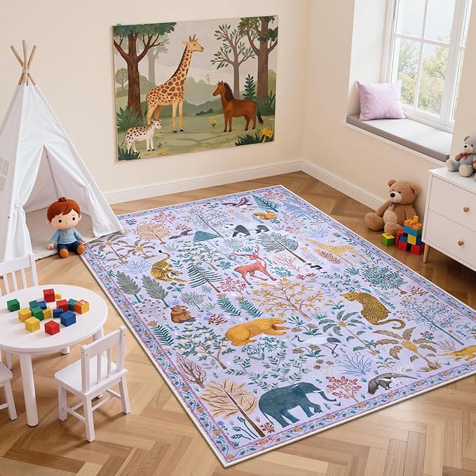 OJIA Animal Print Nursery Rugs Washable Area Rugs 5'x7', Soft Kids Room Rug Ultra-Thin Non-Slip Modern Living Room Carpet, Stain Resistant Throw Carpet for Bedroom Playroom Dining Room