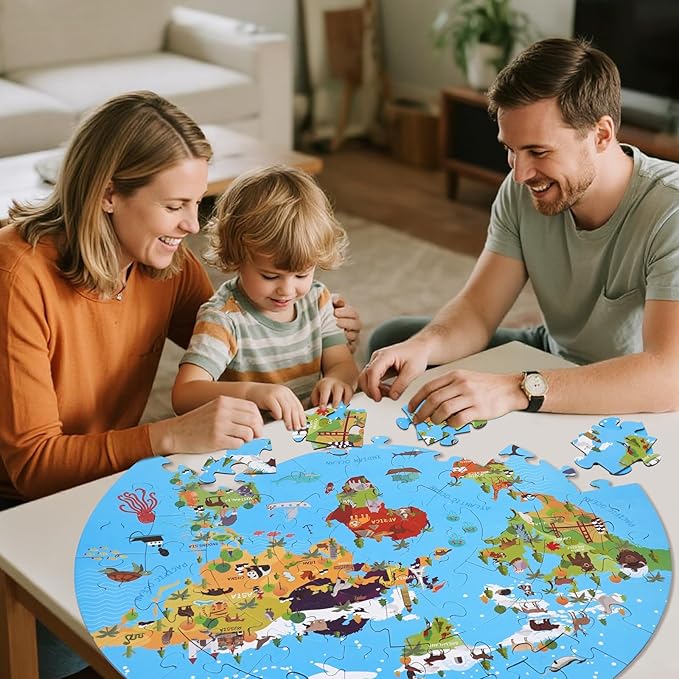 70 Piece World Map Jigsaw Puzzle for Kids 4-8, Large Round Floor Puzzles for Kids Ages Toddler Puzzle Globe Geography Games Educational Toys Birthday for Children (World Map)