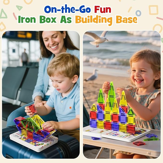 Mini Magnetic Tiles for Kids Travel - 40pcs STEM Building Blocks with Visual Storage Guide & Metal Box Play Base, Toddler Airplane Activities Toys for Ages 3-5,4-8, Compact Travel Toys