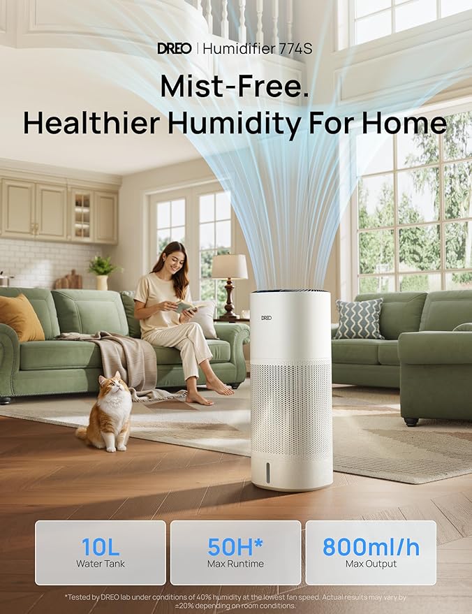 DREO Smart Evaporative Humidifier Large Room up to 1000ft², 800ml/h High Output Air Humidifiers for Bedroom, 10L, 50H Long Runtime with Precise Humidification for Plants, Home, Office, White, HHM774S