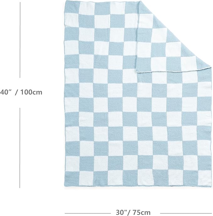 CREVENT 30"X40" Cozy Soft Warm Chenille Baby Blanket for Girls Boys, Newborn Essentials for Infant, Baby Shower Receiving Gift - Checked Blue 75X100cm