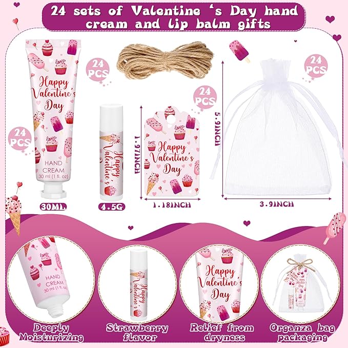 24 Sets Valentines Day Hand Cream and Lip Balm Gift Valentine's Day Party Favors for Guest Strawberry & Cherry Travel Size Hand Lotion and Lip Balm Bulk Bridal Shower Party Supplies