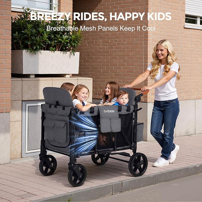 Elite 4-Seater Wagon Stroller for 2-4 Kids, One-Hand Fold, High Seats with 5 Point Harness, Adjustable Handle & Canopy, Dark Gray