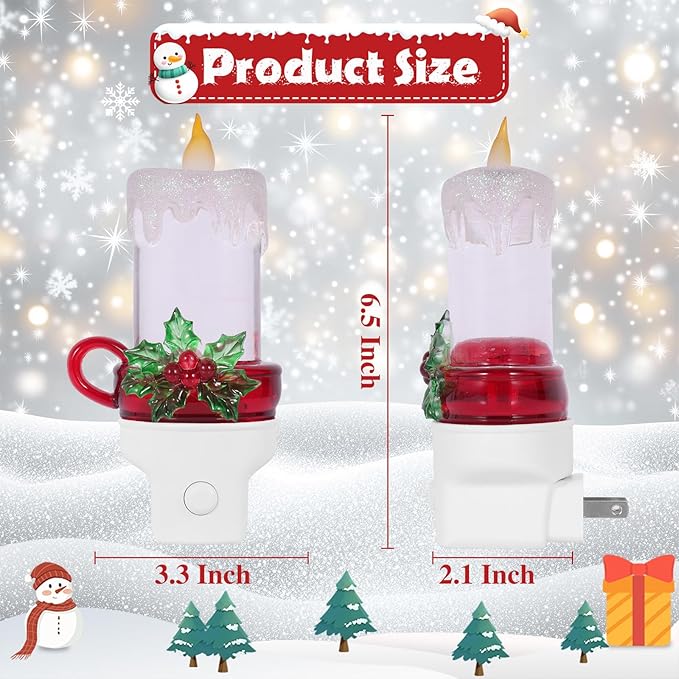 2 Pack Christmas Candle Night Light Plug into Wall Glitter Water Nightlight with USB/Outlet Options, Christmas Decorative Nightlight for Bedroom Kitchen Nursery Holiday Decorations Gifts (Candle)