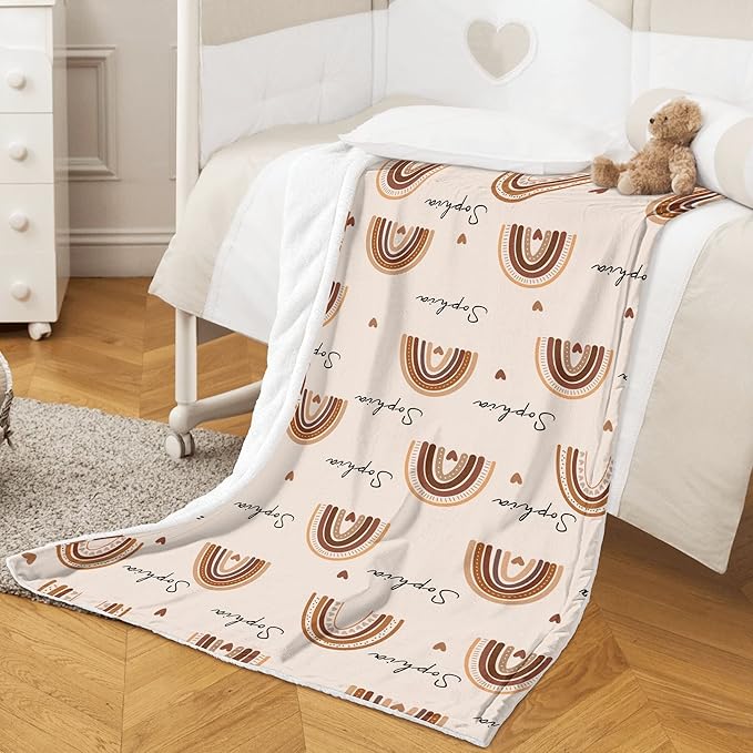 Personalized Baby Blanket with Name, Custom Nursery Blankets with Boho Rainbow, Personalized Gifts for Newborn Infant Baby Girls, Christmas Birthday Shower Gifts for Girl