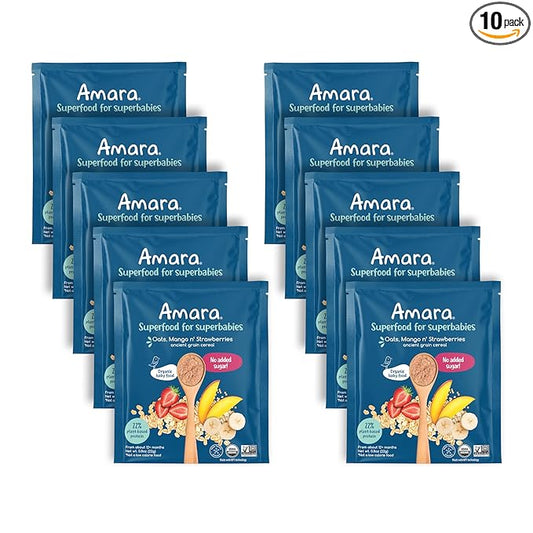 Amara Organic Baby Food - Stage 3 - Ancient Grain - Baby Cereal to Mix With Breastmilk, Water or Baby Formula - Shelf Stable Baby Food Pouches Made from Organic Fruit and Veggies - 10 Pouches, 3.9oz Per Serving