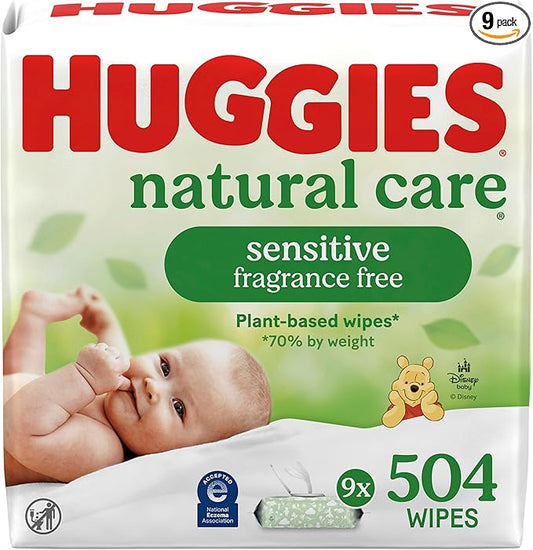 Huggies Natural Care Sensitive Baby Wipes, Unscented, Hypoallergenic, 99% Purified Water, 9 Flip-Top Packs (3 packs of 3), 504 Total Wipes (56 Wipes per pack), Packaging May Vary
