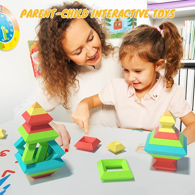 40Pcs Montessori Toys for Ages 3 4 5 6 Toddlers Kids Baby,Pyramid Stacking Building Toys,3D Preschool Learning Blocks for Kids,STEM Sensory Toy Gifts for 3-5 Year Old Boy Girl,Plastic Storage Bag Set