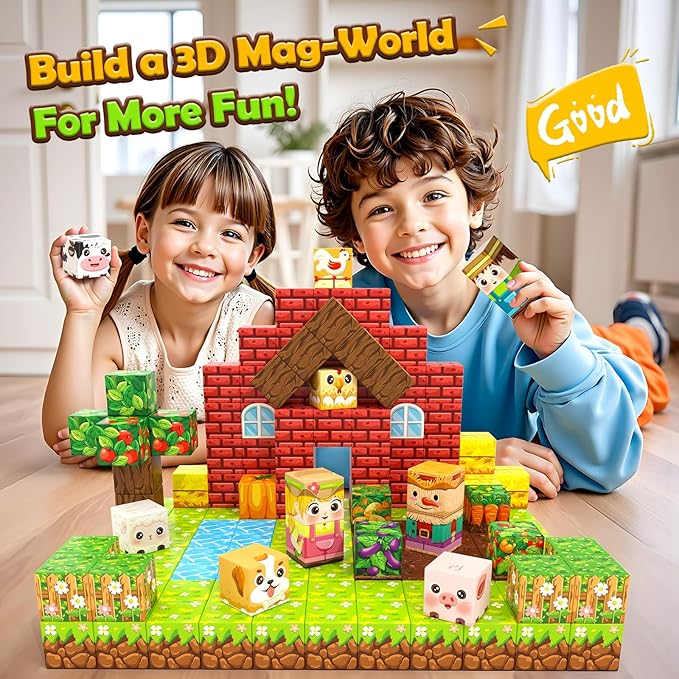 1" Magnetic Blocks - Build Mine Magnet World Farm Animals Set, 100PCS Vibrant Colorful Magnetic Blocks with Ultra Magnet Strength for Kids Ages 3-12, STEM Toys Ideal Gifts for 3+ Years Old Boys Girls