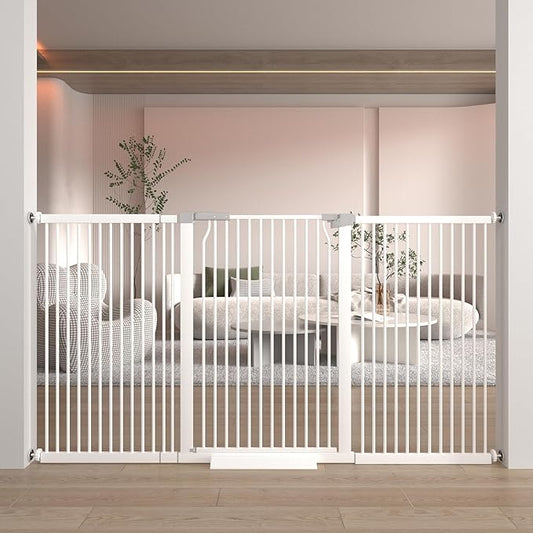 41 Inch Extra Tall Metal Pet Baby Safe Gate for Doorway, 72.3-76.7 Inch Wide Pressure Mounted Cat Gate with Expansion Kit, No Drilling Cat Fence Indoor, White