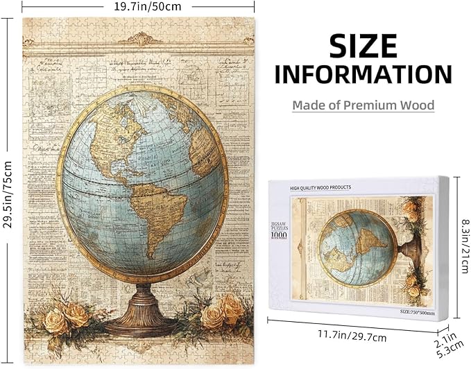 Classic Globe with Detailed World Map and Vintage Documentation, Beautifully Complemented by Decorative Roses，1000 Piece Adults Wooden Jigsaw Puzzle，Ideal for Relaxation and Family Fun