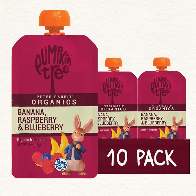 Pumpkin Tree Peter Rabbit Organics, Organic Raspberry, Banana and Blueberry 100% Pure Fruit Snack, 4 oz. Squeeze Pouches (Pack of 10)