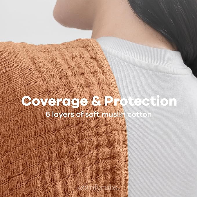 Comfy Cubs Muslin Burp Cloths 20" x 10", Pack of 6 - Large, 6-Layer, Ultra Absorbent 100% Cotton for Baby Drool and Messes - Soft, Safe & Gentle Baby Burp Cloths Set for Boys & Girls - Caramel