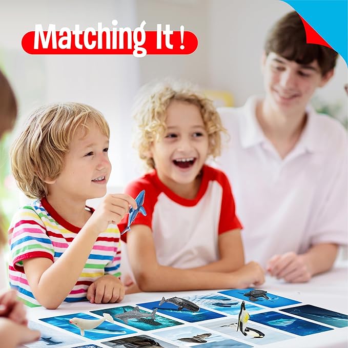 24PCS Animal Figurines with 24 Introducing Flashcards, Wild & Marine Animal Figures Safari and Underwater Creature Learning Montessori Toys Science Educational Matching Game for Homeschool, Kids