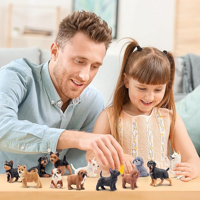 12PCS Dog Figurines, Realistic Plastic Puppy Figurines, Hand Painted Emulational Tiny Dogs Animals Toy, Dog Cake Topper Easter Egg Birthday Gift for Kids and Toddlers