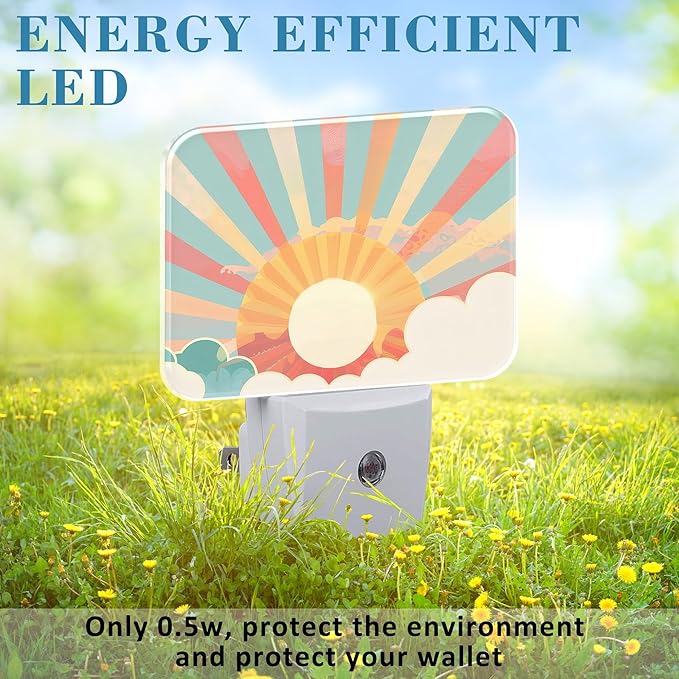 Boho Pastel Sun Night Light Retro Sunrise Nightlight Plug into Wall with Dusk to Dawn Sensor for Kid Girls Boys Women Men Room, Hallway, Kitchen, Bathroom, Stairs Decor
